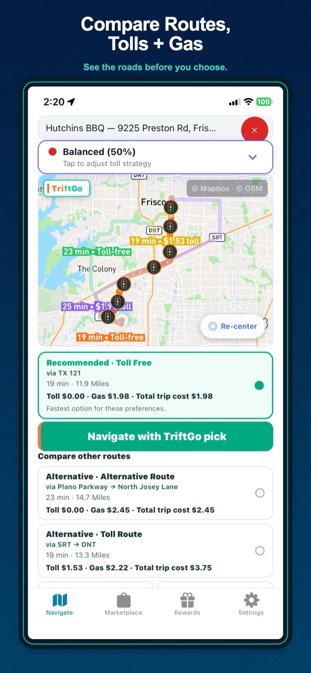 TriftGo route comparison with estimated travel time, toll, gas, and total trip cost